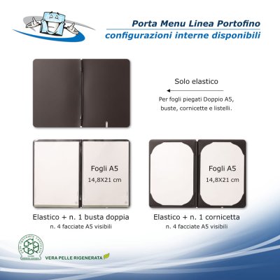 Linea Portofino - Porta menu A5 in vera pelle rigenerata personalizzabile configurazioni interne