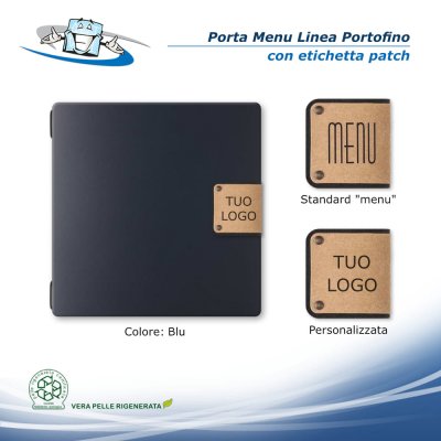 Linea Portofino - Porta menu Quadrato in vera pelle rigenerata con etichetta patch personalizzabile - colore blu