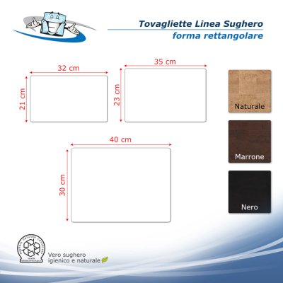 Linea Sughero - Tovagliette posto tavola in sughero in 3 colori - rettangolari