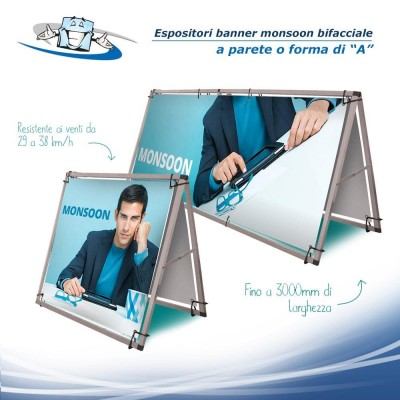 Monsoon - Telaio, stand banner in alluminio da muro o a forma si "A" anche bifacciale in diverse dimensioni