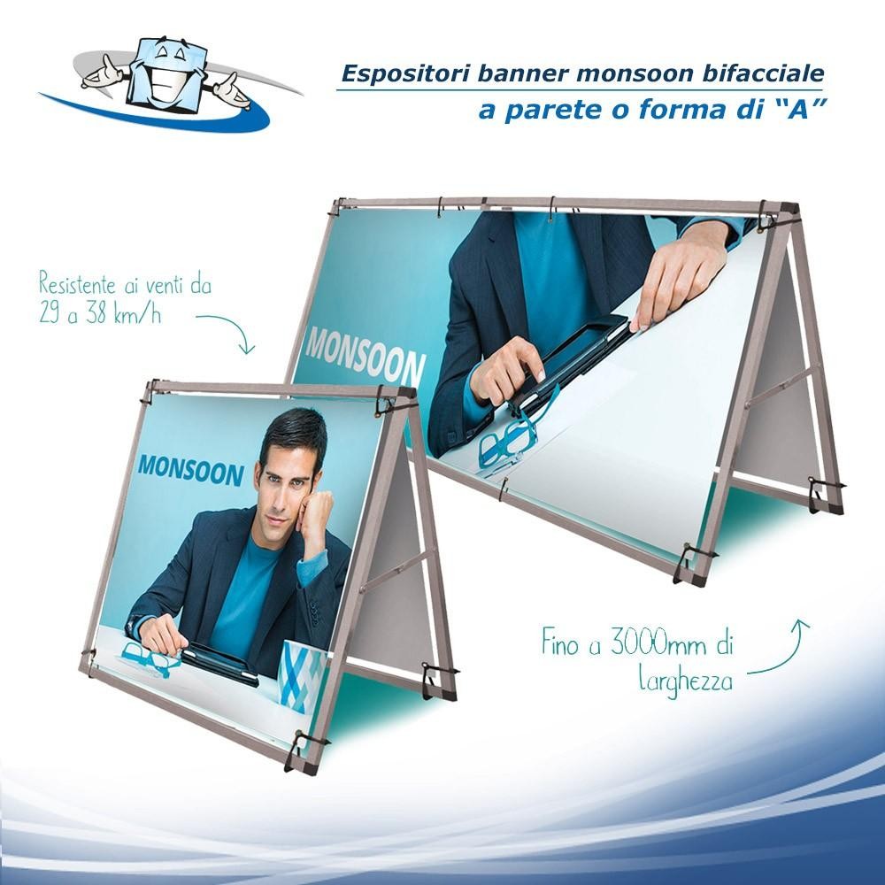Monsoon - Telaio, stand banner in alluminio da muro o a forma si "A" anche bifacciale in diverse dimensioni
