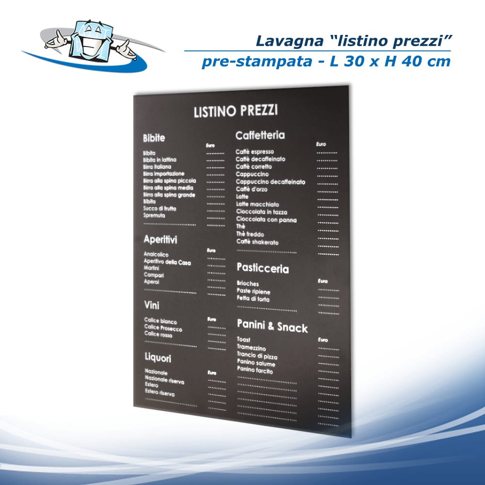 Lavagna "listino prezzi" pre-stampata e scrivibile da parete in PVC nero