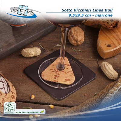 Linea Bull - Conf. 4 pz. Sotto bicchieri in vera pelle rigenerata colore marrone forma quadrata