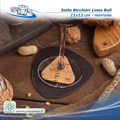 Linea Bull - Conf. 4 pz. Sotto bicchieri in vera pelle rigenerata colore marrone forma a goccia