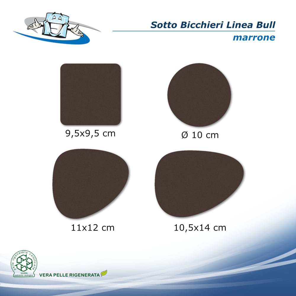 Linea Bull - Conf. 4 pz. Sotto bicchieri in vera pelle rigenerata colore marrone