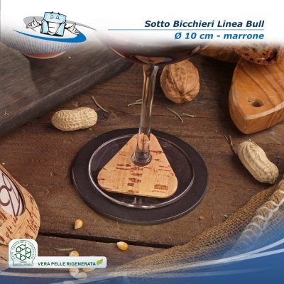 Linea Bull - Conf. 4 pz. Sotto bicchieri in vera pelle rigenerata colore marrone forma rotonda