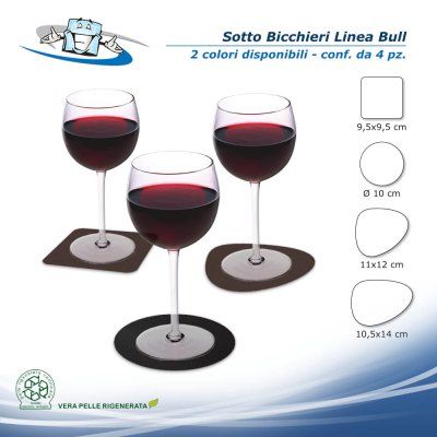 Linea Bull - Conf. 4 pz. Sotto bicchieri in vera pelle rigenerata