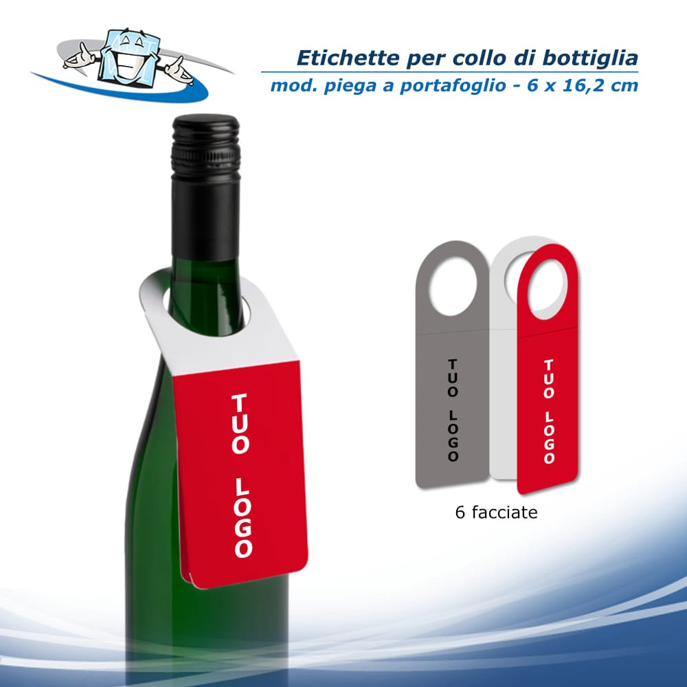 Etichette per collo bottiglia con personalizzazione - Con piega a portafoglio (6 facciate)