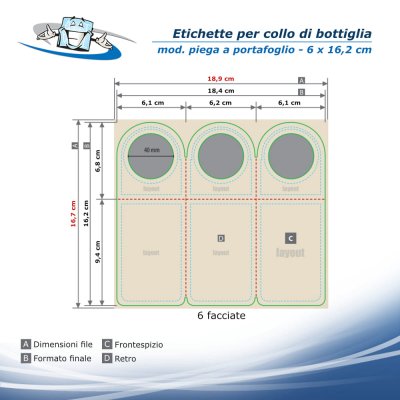 Etichette per collo bottiglia con personalizzazione - Con piega a portafoglio (6 facciate)
