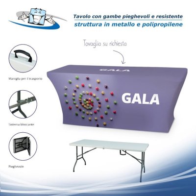 Gala - Tavolo pieghevole con stampa inclusa per esposizioni nelle fiere in metallo personalizzabile con logo