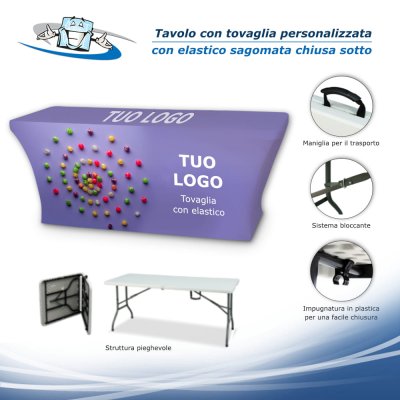 Gala - Tavolo pieghevole con tovaglia personalizzata con logo o messaggio promozionale