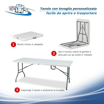 Gala - Tavolo pieghevole con tovaglia personalizzata con logo o messaggio promozionale