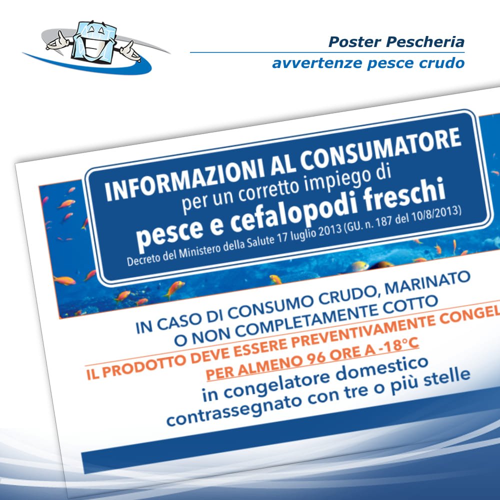 Poster pescheria "Avvertenza pesce crudo" in vinile adesivo opaco o forex 5 mm