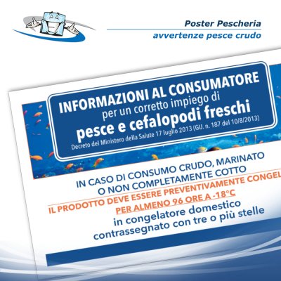 Poster pescheria "Avvertenza pesce crudo" in vinile adesivo opaco o forex 5 mm
