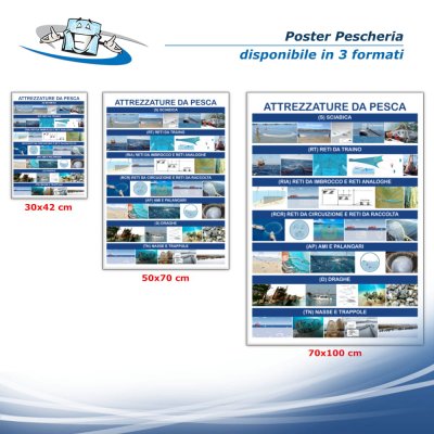 Poster pescheria "Attrezzature da pesca" in vinile adesivo opaco o forex 5 mm
