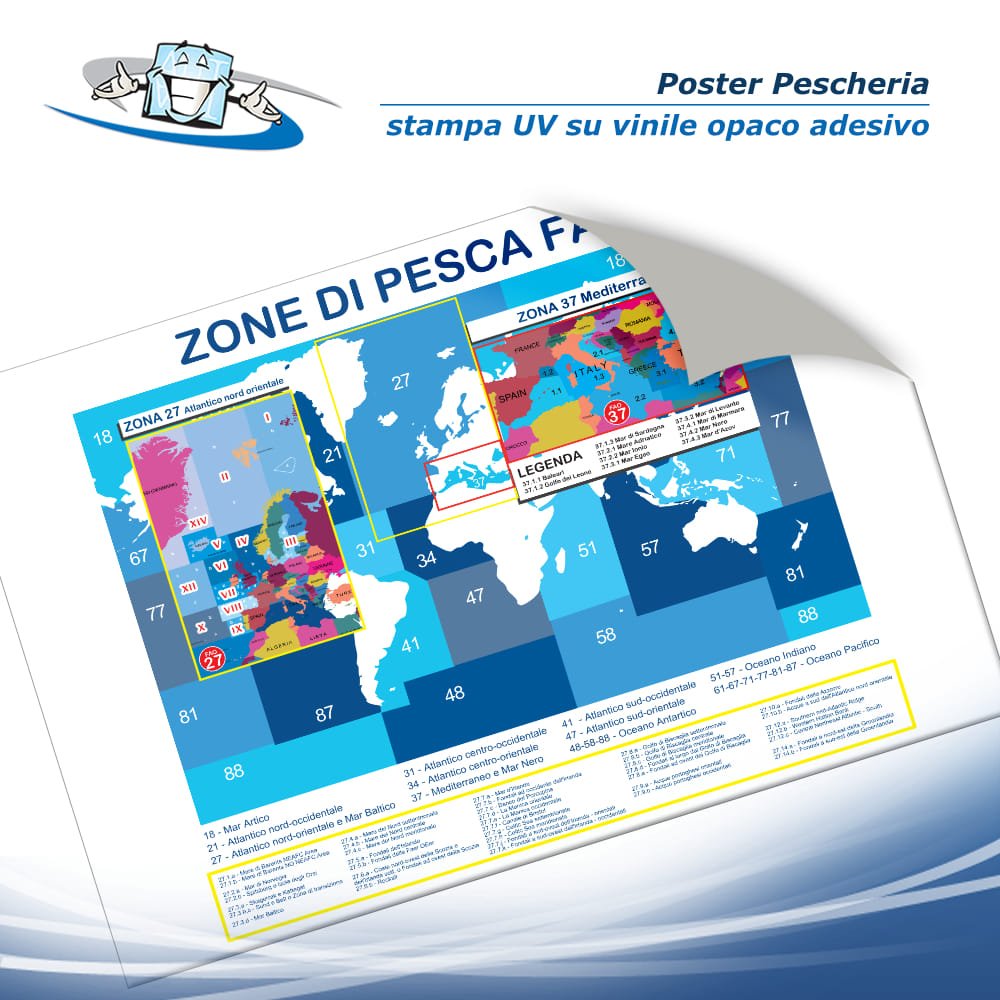 Poster pescheria "Zone di pesca FAO" in vinile adesivo opaco
