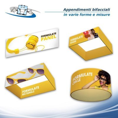 Appendimenti sospesi in alluminio mono o bifacciale per fiere e mostre in varie forme e dimensioni con personalizzazione inclusa