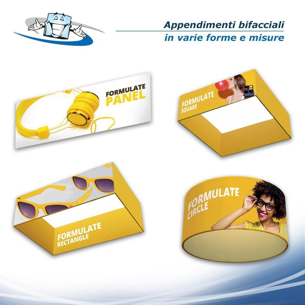 Appendimenti sospesi in alluminio mono o bifacciale per fiere e mostre in varie forme e dimensioni con personalizzazione inclusa