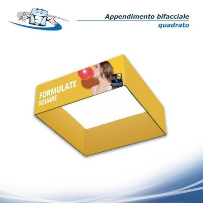 Appendimenti sospesi in alluminio mono o bifacciale per fiere e mostre in varie forme e dimensioni con personalizzazione inclusa