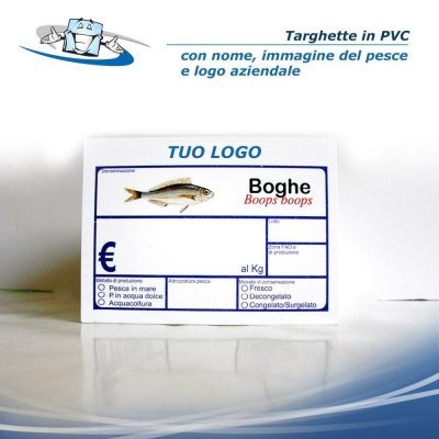 Cartellini segnaprezzo pescheria in PVC f.to 11x15,4 cm con Tuo Logo + Immagine + Nome Pesce