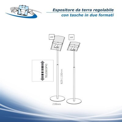 Piantana autoportante espositore da terra regolabile in altezza in due formati