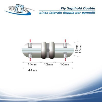 Fly Signhold double pinza laterale doppia in ottone per due pannelli affiancati in diverse finiture