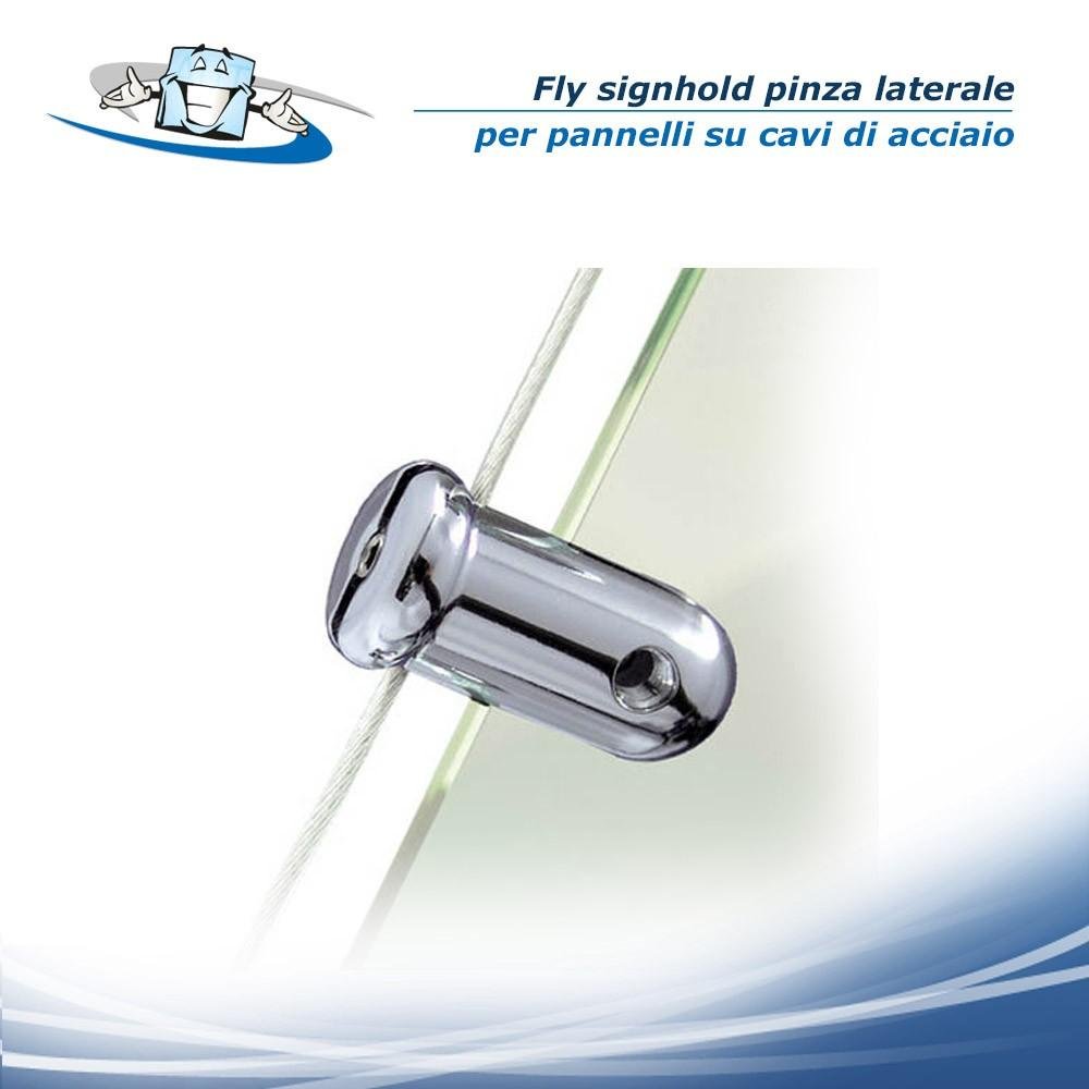 Fly signhold - Pinza laterale per pannelli su cavi di acciaio in diverse finiture
