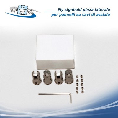 Fly signhold - Pinza laterale per pannelli su cavi di acciaio in diverse finiture