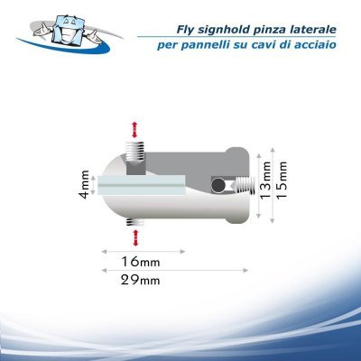 Fly signhold - Pinza laterale per pannelli su cavi di acciaio in diverse finiture