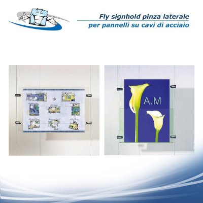 Fly signhold - Pinza laterale per pannelli su cavi di acciaio in diverse finiture