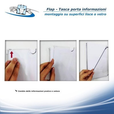Flap tasca porta informazioni per fissaggio su superfici lisce o vetro in diversi formati