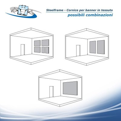 Steelframe - Cornice per banner in tessuto effetto acciaio inox con angoli arrotondati con personalizzazione inclusa