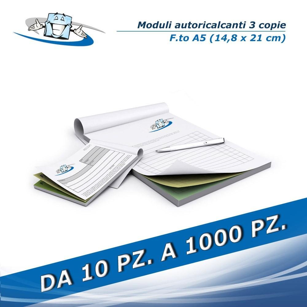 Moduli autoricalcanti 3 copie F.to A5 (14,8 x 21 cm) in blocco con stampa a 4 colori personalizzata