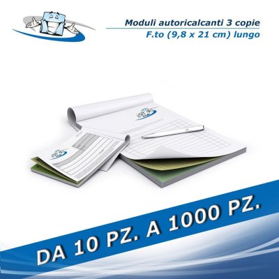 Moduli autoricalcanti 3 copie F.to (9,8 x 21 cm) lungo, in blocco con stampa a 4 colori personalizzata