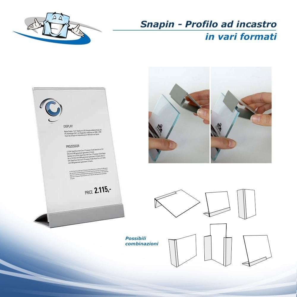 Snapin - Profilo ad incastro, espositore da banco utilizzabile come porta nome, porta prezzi o cornice per foto