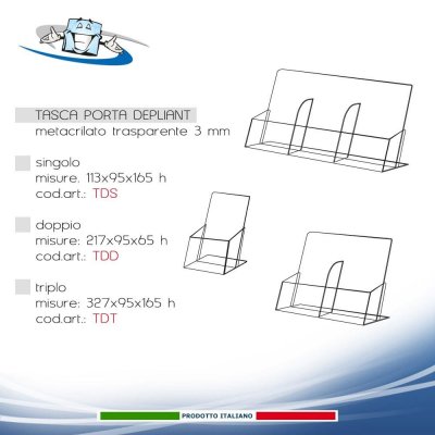 Tasca porta depliant, opuscoli, volantini in plexiglass in tre dimensioni