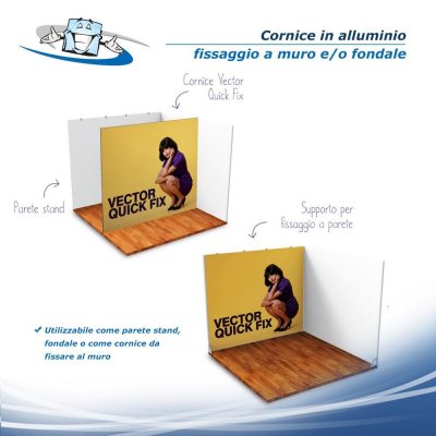 Cornice Vector Quick Fix - Cornice in alluminio con personalizzazione inclusa per fissaggio a muro o fondale in vari formati
