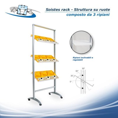 Soistes Rack - Espositore porta depliant, riviste, volantini composto da 3 ripiani con ruote
