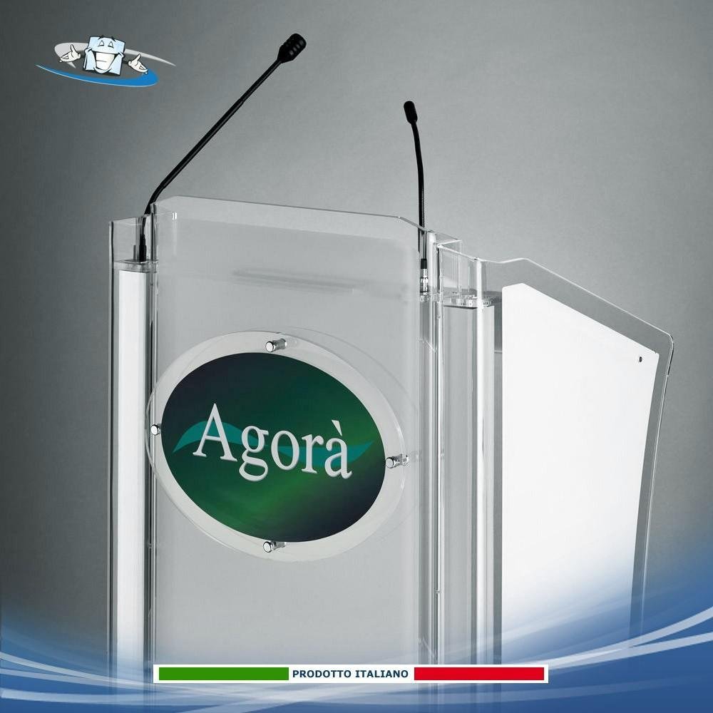 Podio oratore in plexiglass satinato L62xP50xH125 cm disponibile anche con targa personalizzabile per conferenze, congressi
