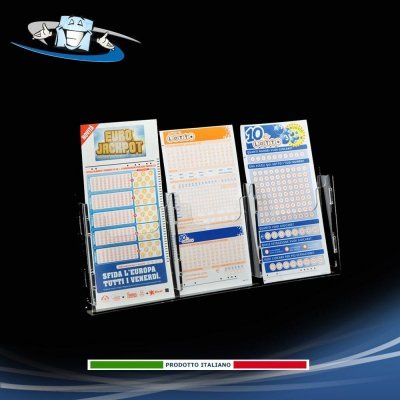 Espositore per schedine concorsi in plexiglass da banco triplo