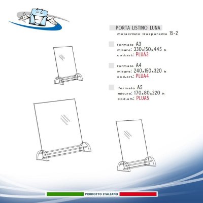 Porta listini con base luna in plexiglass in vari formati