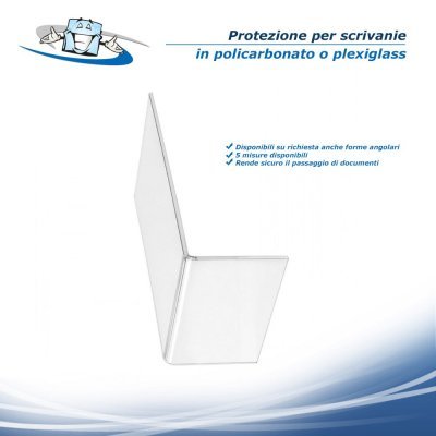 Barriera protettiva per scrivanie e uffici in policarbonato e in plexiglass con foro centrale personalizzabile