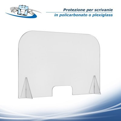 Barriera protettiva per scrivanie e uffici in policarbonato e in plexiglass con foro centrale personalizzabile