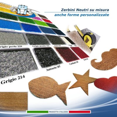 Zerbini neutri tagliati su misura in cocco naturale o fibra sintetica, tappeti disponibili anche sagomati