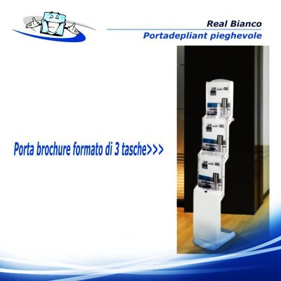 Real bianco - Porta depliant da terra pieghevole, formato di 3 tasche