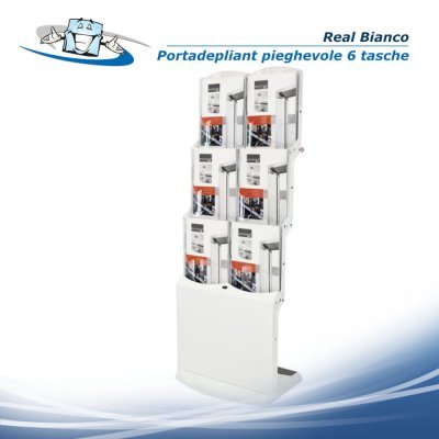 Real bianco - Porta depliant da terra pieghevole, fprmato di 6 tasche