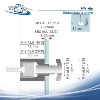 Mix Alu - Distanziali a muro con sistema a vite di diversi colori e dimenzioni