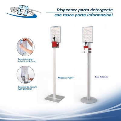 Dispenser porta detergente per mani con tasca porta informazioni