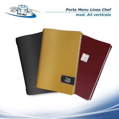 Linea Chef - Porta menu A4 verticale (23,2 x 31,8 cm) in vera pelle rigenerata con etichetta personalizzabile