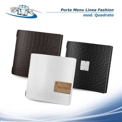 Linea Fashion - Porta menu Quadrato (23 x 23,1 cm) in vera pelle rigenerata con etichetta personalizzabile